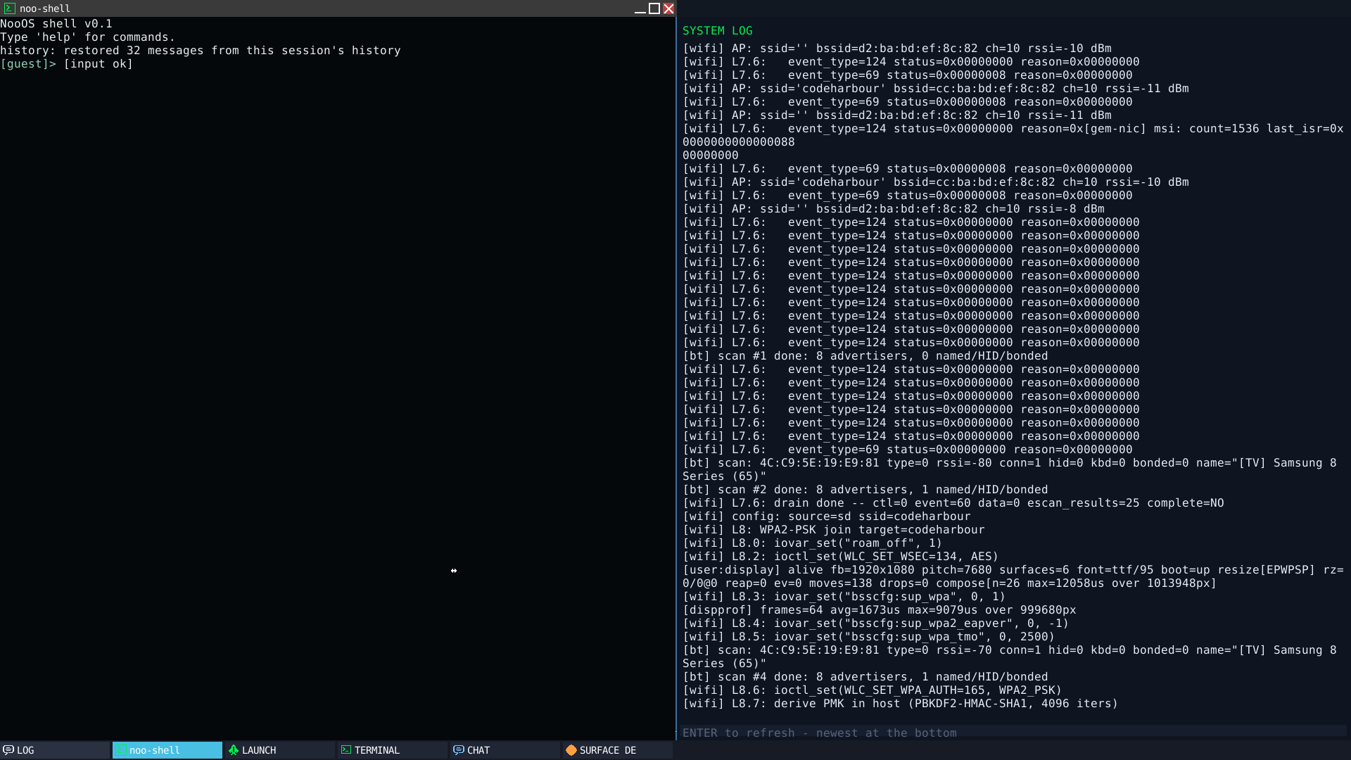 The NooOS desktop on a Raspberry Pi 5: the shell console and a live system-log window tiled side by side, with the terminal, chat and launcher windows on the taskbar below, composed in software at 1920 by 1080.
